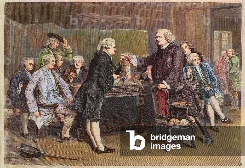 Boswell's Introduction to the Literary Club - Doctor Johnson Receiving Boswell in the Library - Engraving after a painting by Eyre Crowe, 1859. Left to right: Edmund Burke (1729-1797), Bennet Langton (1736-1801) (standing), Oliver Goldsmith (1728-1774) (seated), Lord Charlemont (James Caulfeild, 1728-1774), David Garrick (1717-1779), James Boswell (1740-1795), Anton