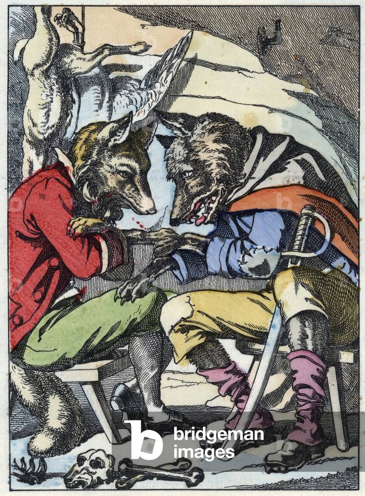 Conversation between the wolf and the fox. Illustration of the tale “Compere le Loup, Maitre Renard, Comere la Chevre et ses petits biquets”” after a fable by Jean de la Fontaine. In “” Tales from the home for the little ones””. Anonymous engraving of the 19th century.