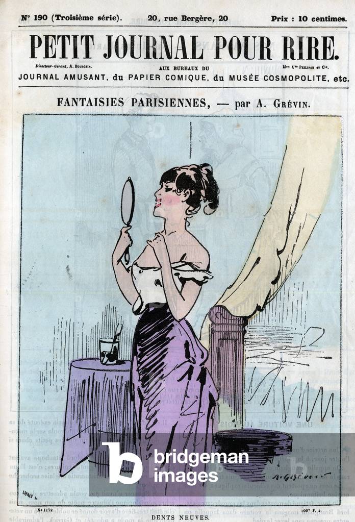 Cartoon about Parisian women. A woman admires her new teeth in a mirror.Illustration from “” Petit Journal pour Rire””, 1879.