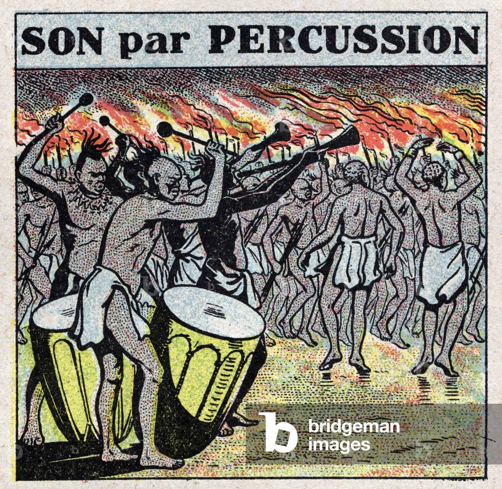 Musical instruments: percussion players in an African village. Anonymous illustration from 1925. Private collection.