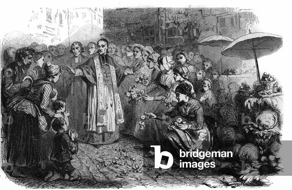 The cholera in Rome: Pope Gregoire XVI (1765-1846) ordered processions, rogations and blessings to stop the march of cholera. Engraving in “Histoire des Papes-Rois-Queen and Empereurs a travers les centuries”” by Maurice Lachatre, 1863.