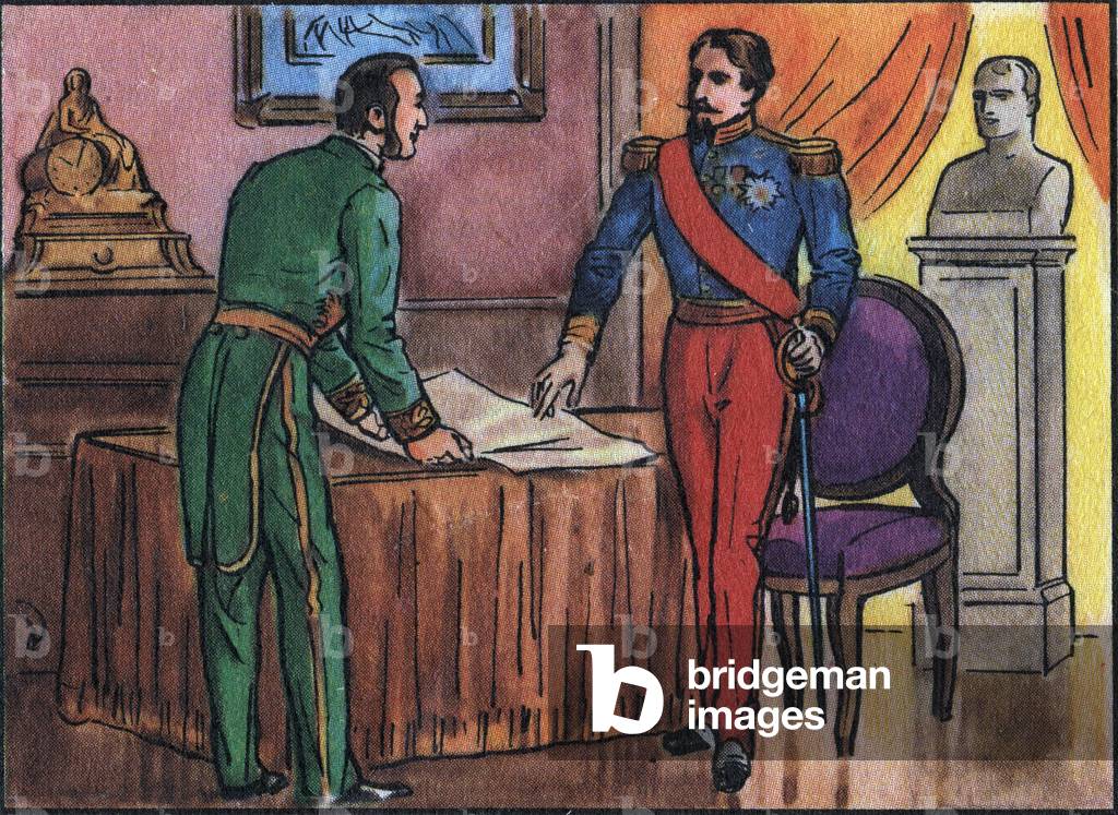 Emperor Napoleon III with Baron Georges Haussmann Anonymous illustration in Collection des souverains et chefs d'état de France”. 20th century.