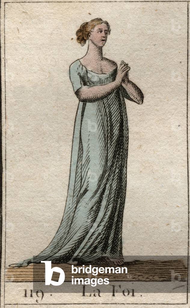 Representation of the Faith, woman dressed in white with joined hands. (The Faith as a young woman, dressed in white dress, with joined hands). From “Mythology of Youth” by Pierre Blanchard 1803.