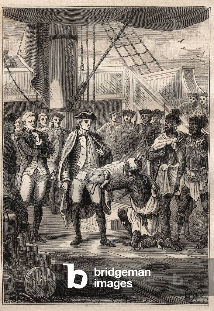 Third voyage (1776-1779) by Captain James Cook (1728-1779): Priest Koah offers a little pig to Cook, aboard the ship Resolution (Hawaii) - illustration from “The Great Mariners of the 18th century”, 1879 - 1 of the 3 volumes of Jules Verne's “General History of Great Voyages and Great Travellers”