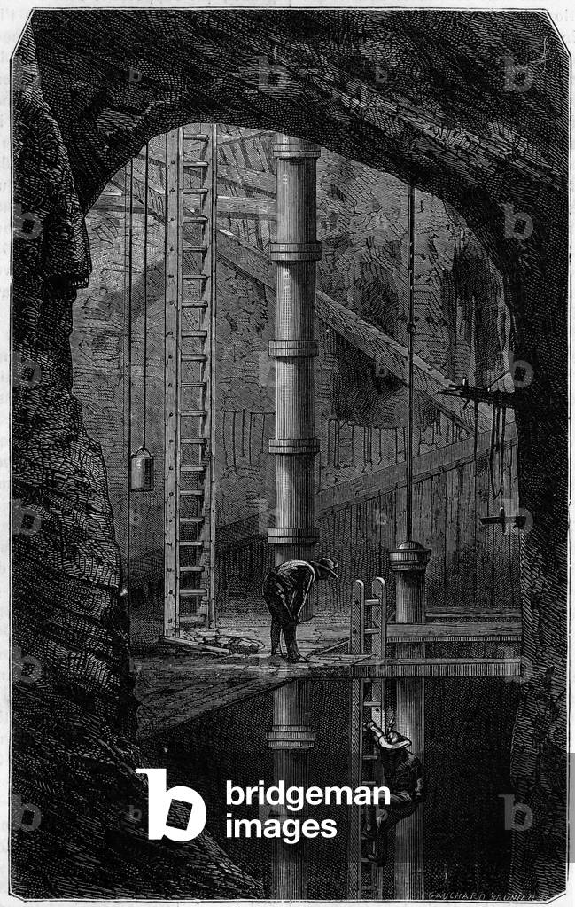 Miners inside a tin mine in Cornwall, England. Engraving in the journal “” La jeunesse””, 1888.