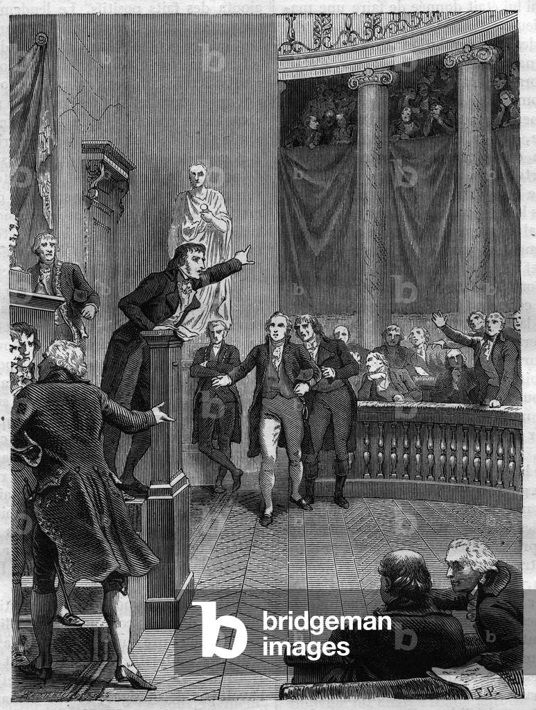 French politician Benjamin Constant making a speech at the Tribunat denouncing the regime set up by Bonaparte, January 1800, 1865 (engraving)