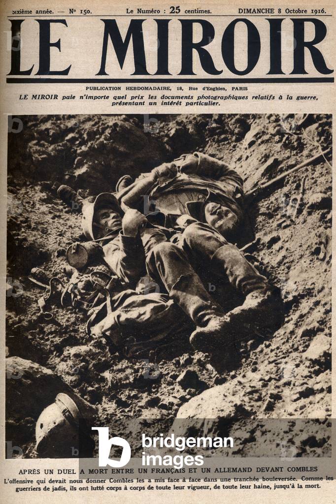 First World War, 1914-1918 - Front de la Somme - Battle of the Somme in 1916 - Cover of “” The Mirror” - a French soldier and a German soldier in front of Emples after a duel at death - (Nord-Pas-de-Calais-Picardie)