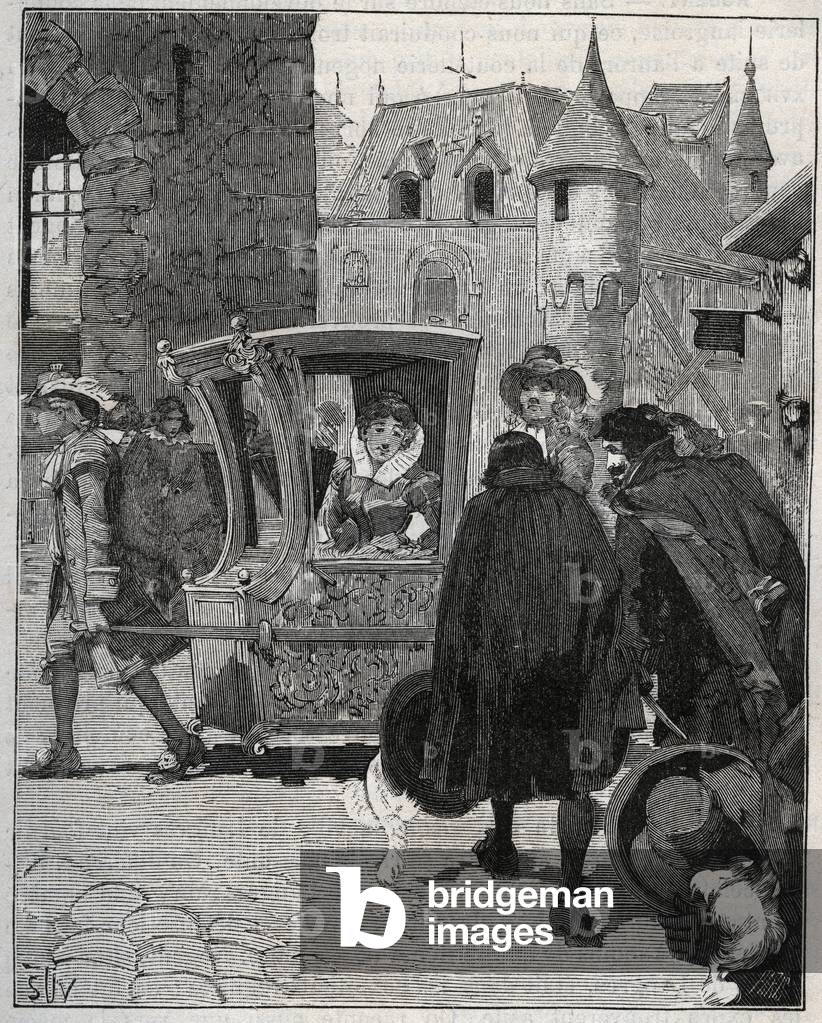 Cutlery: boatmen surround the chair of Marie de Rabutin-Chantal (Rabutin Chantal), Marquise de Sevigne dit Madame de Sevigne (1626-1696) to sell knives to him when he arrived at Nogent (Haute Marne) in 1675. Engraving from 1885 in “” Les arts et metiers illustres”” by Adolphe BITARD.