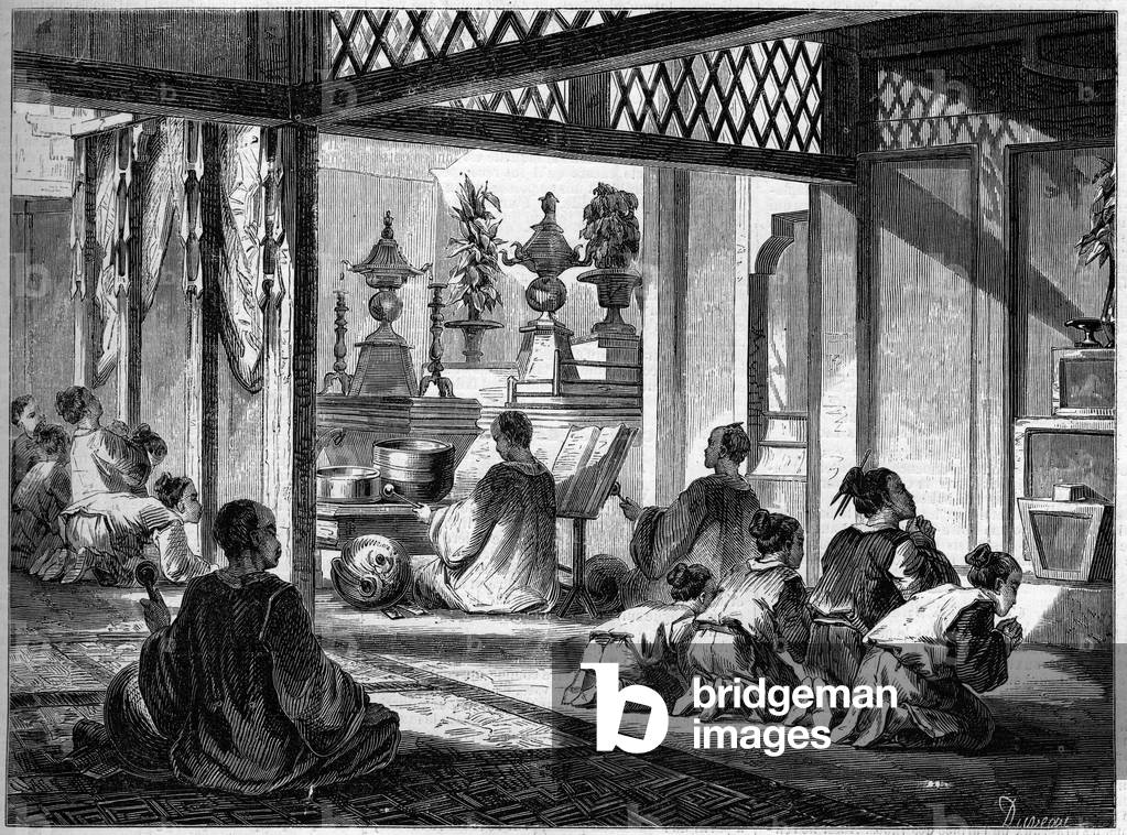 Religious Temple, China, 1858: internal view of a Buddhist pagoda.