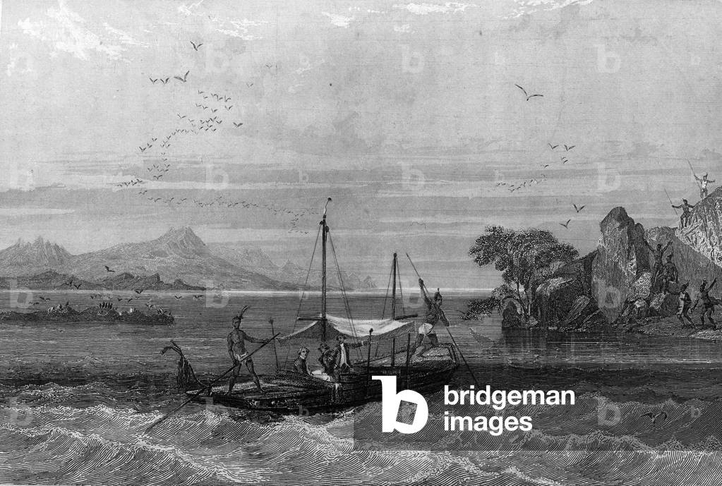 Robert Cavelier de La Salle (1643-1687) arrives at the mouth of the Mississippi, April 1675. in “Histoire générale de la marine” by Van Tenac, 1850.