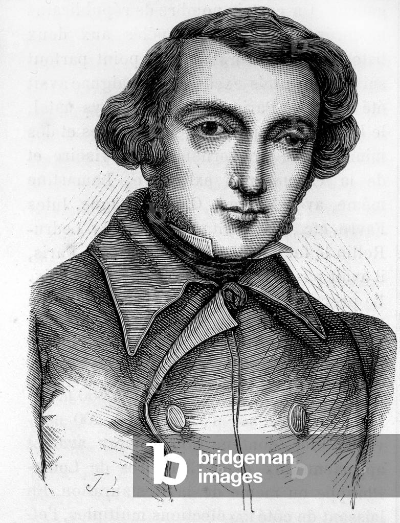 Portrait of Alexis de Tocqueville (1805 - 1859), French historian and politician. Engraving 19th century.