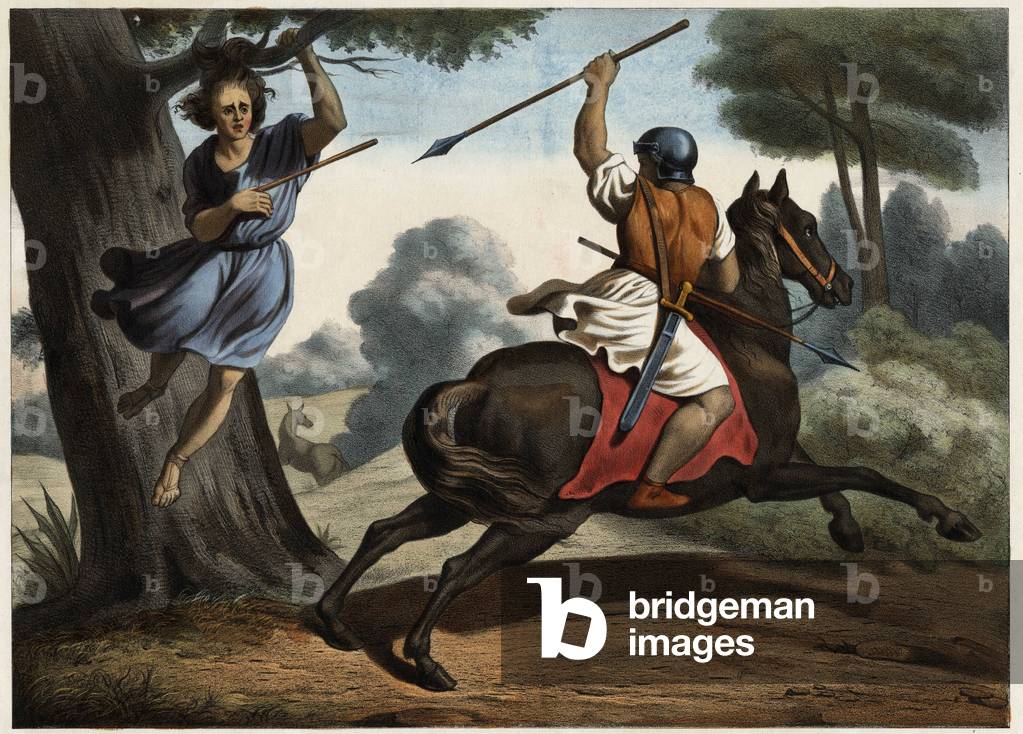 The death of Absalom (or Avshalom, Absalon). After the defeat against his father's troops, Absalon remained suspended by the branches of a tree fleeing the battlefield. Jaob plants three spies in the young man's heart. Anonymous engraving from the middle of the 19th century.