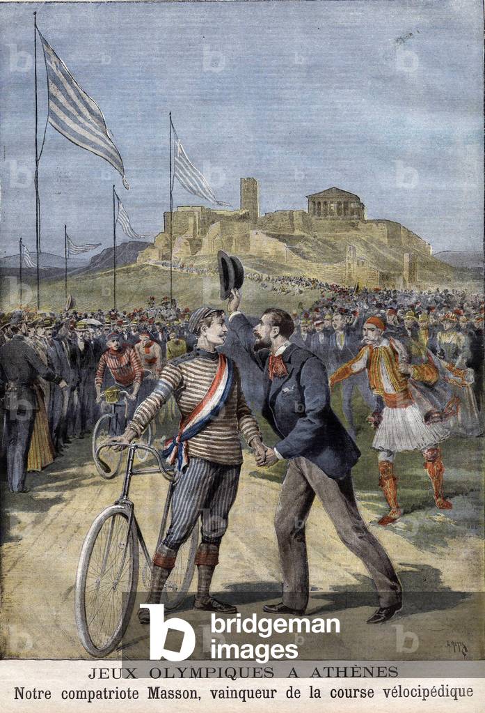 P. Masson, French cyclist, winner of the bike race at the Olympic Games in Athens (Greece) in 1896. “Le Petit Journal”, April 26, 1896 (engraving)