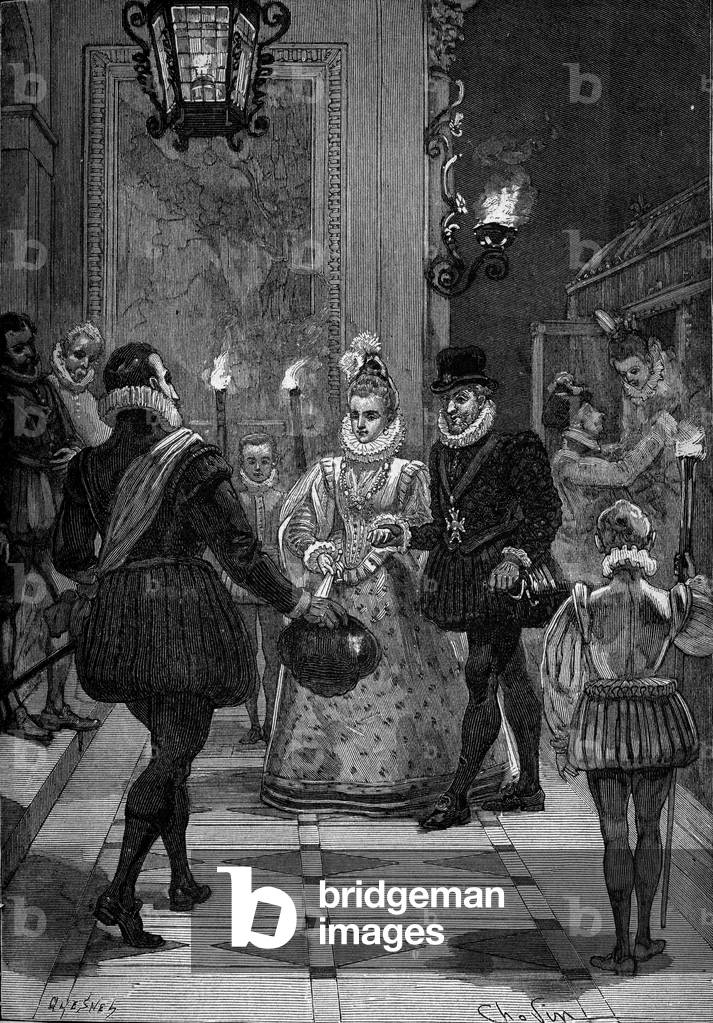 France, late 16th century: King of France Henry IV (1553-1610) (opposite) meeting the poet Theodore Agrippa d'Aubigne (1552-1630). Engraving of the 19th century. In “Histoire de France” by Jules Michelet, 1870.