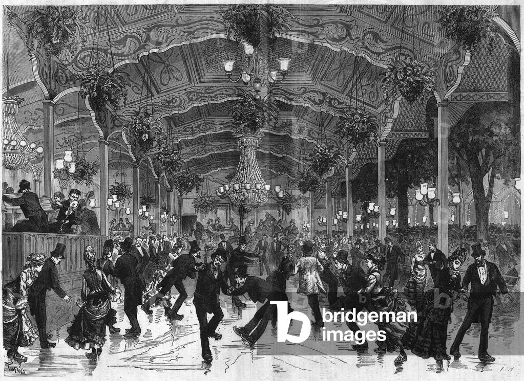 Skating ring in Bullier. Track to dance in roller skate at Bal Bullier in Paris, 1876. (engraving)