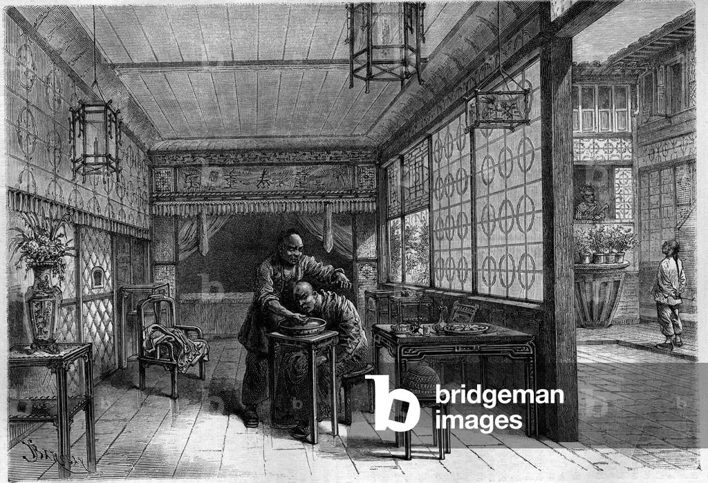Rich Chinese in his barber. Engraving in “The Youth Journal”, 1884.