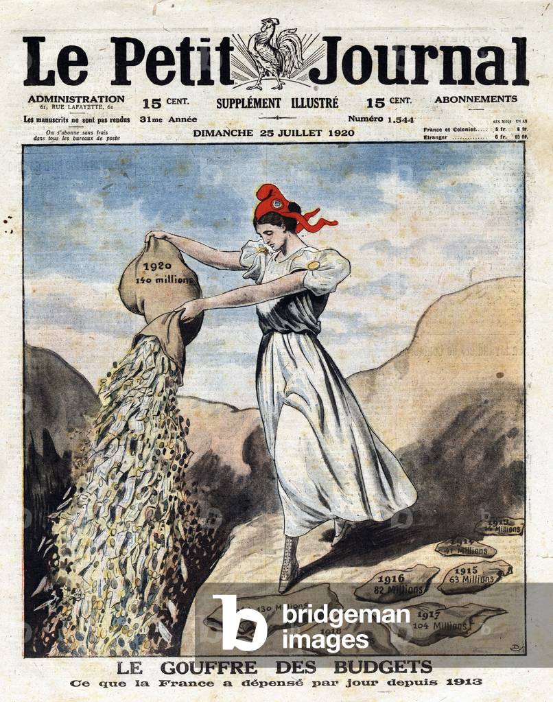 Cover of Le Petit Journal depicting Marianne throwing bags of money into a chasm, 1920 (print)