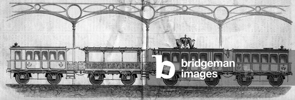Wagons occupied by Emperor Napoleon III (1808-1873) during the journey from Paris to Cherbourg in 1858. Engraving in “” Le Monde Illustré”” n°70 of 14 August 1858.