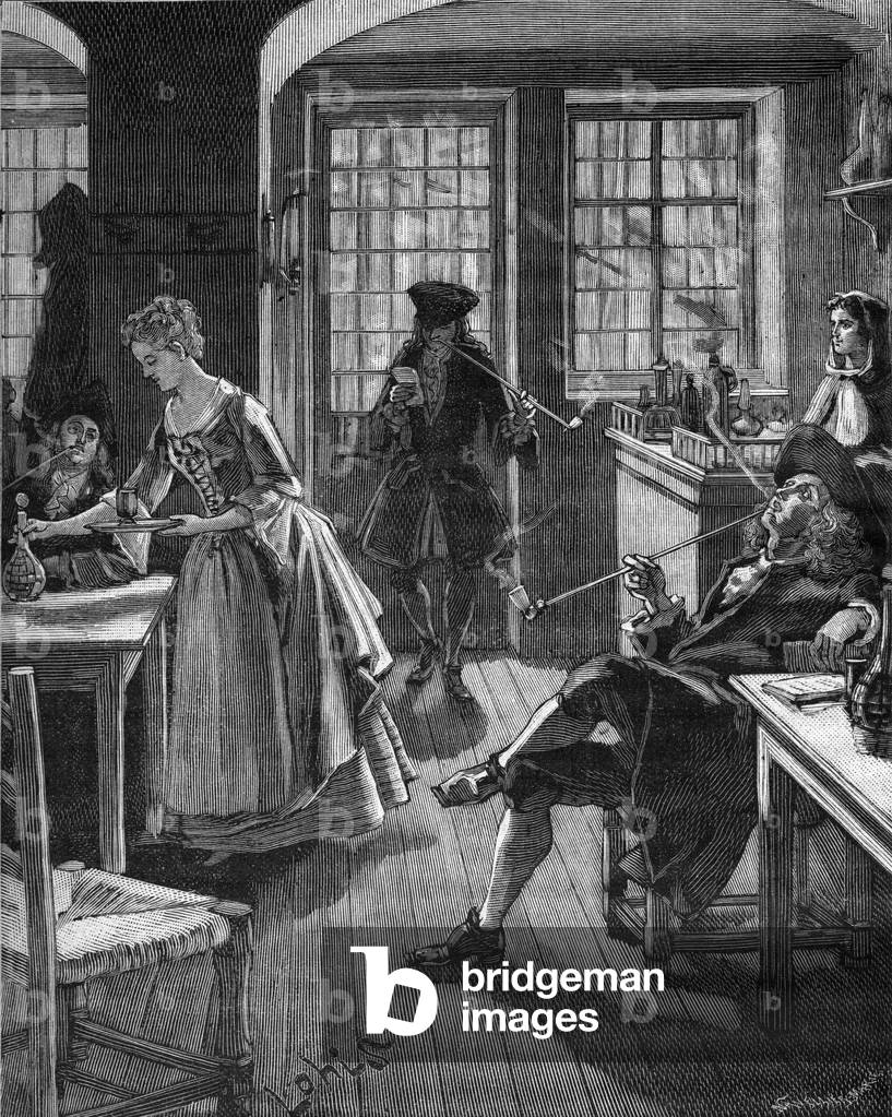 England, late 17th century: men smoking in a cafe. Engraving of the 19th century. In “Histoire de France” by Jules Michelet, 1870.