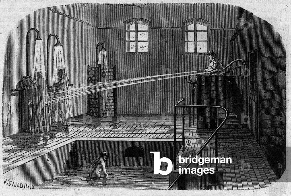 L'asile Sainte Anne (Sainte-Anne) a Paris: l'hydrotherapie - Engraving In “” Le Journal Illustre””, 1869 - Sainte-Anne (Sainte-Anne) asylum in Paris: hydrotherapy - Engraving from “” Le Journal Illustre”, 1869