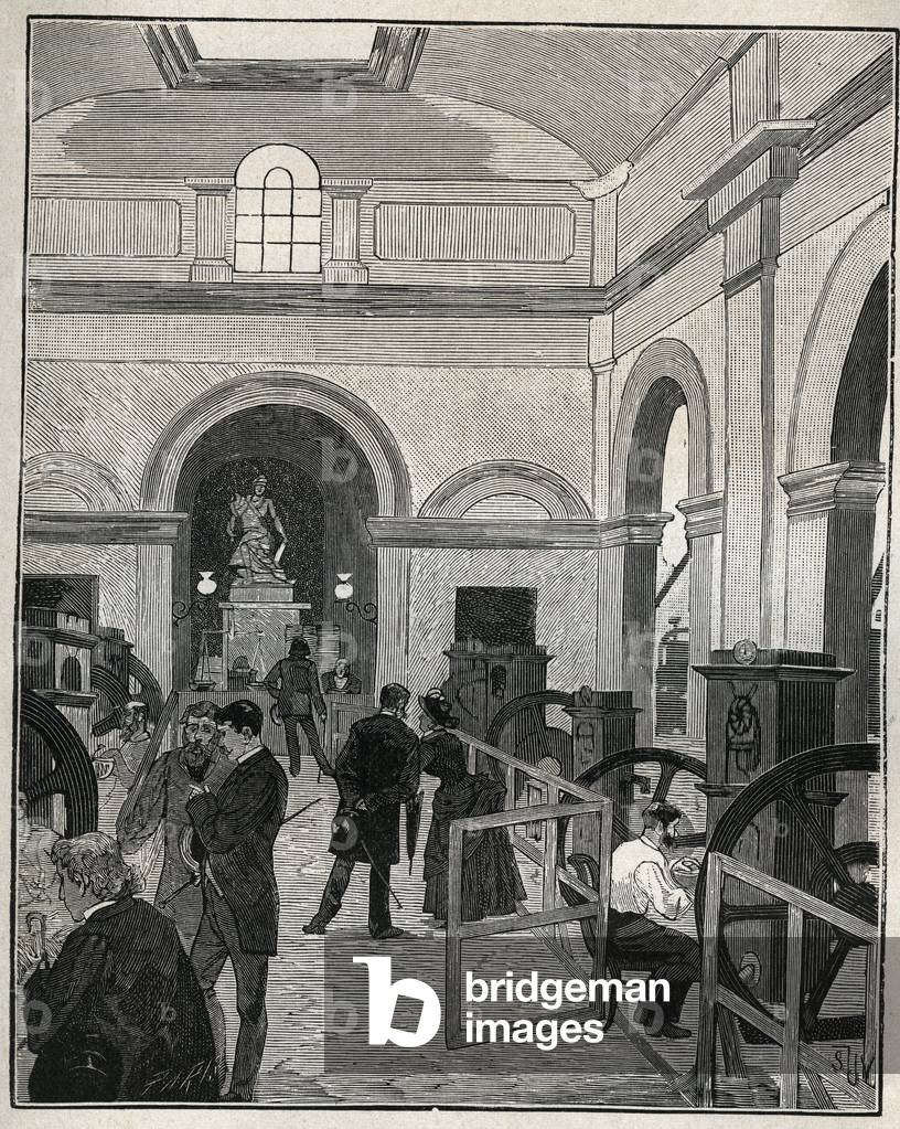 Coinage workshop at the Monnaie de Paris. Engraving from 1885 in “” Les arts et metiers illustres”” by Adolphe BITARD.