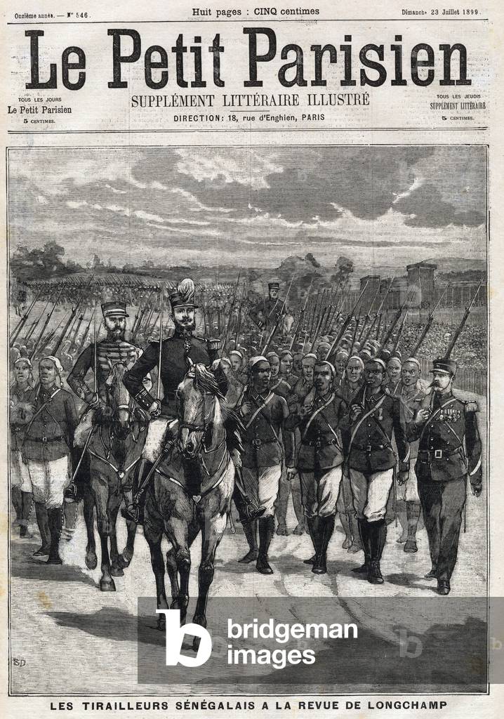 French military: Senegalese Tirailleurs in the Longchamp magazine from Le Petit Parisien, 23/07/1899 (engraving)