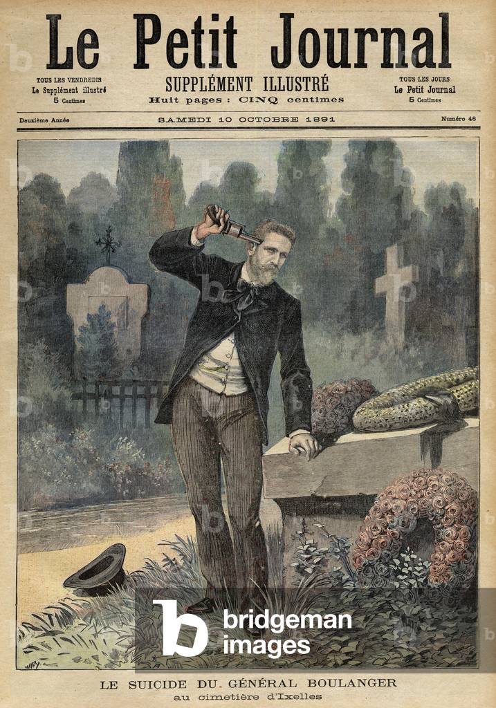 Suicide of General Georges Boulanger on the tomb of his mistress Marguerite de Bonnemain in the cemetery of Ixelles in Brussels, 1891 (engraving)