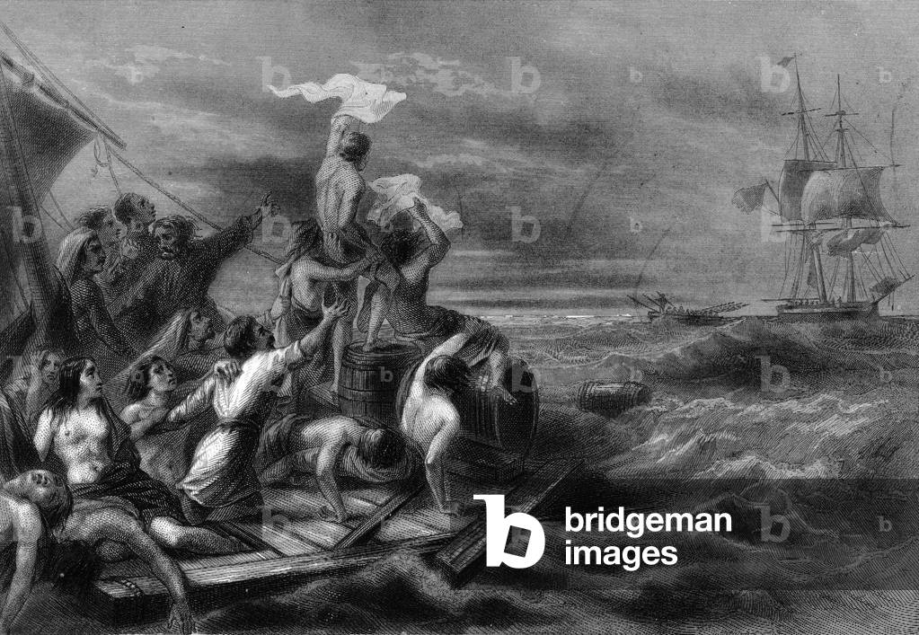The raft of the Medusa seeing the Argus offshore. in “Histoire générale de la marine” by Van Tenac, 1850.