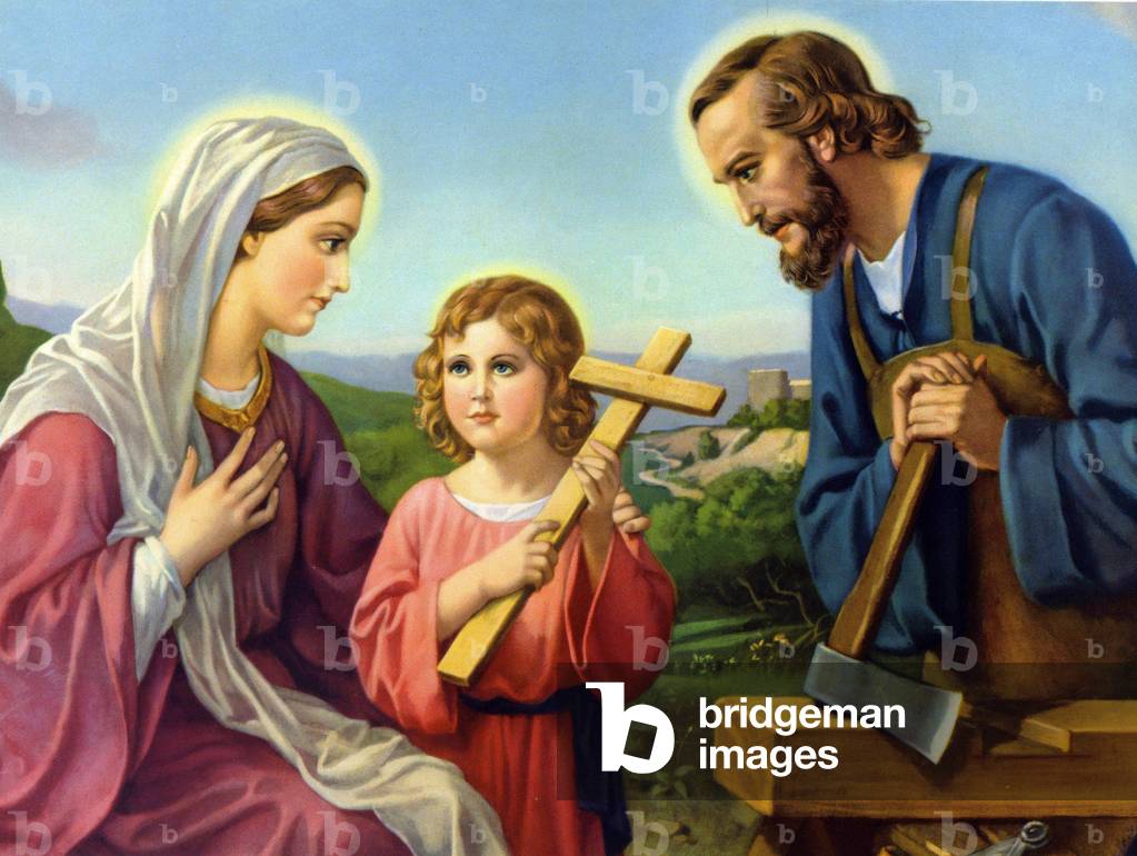The holy family, chromolithography of the end of the 19th century representing the life of Christ.