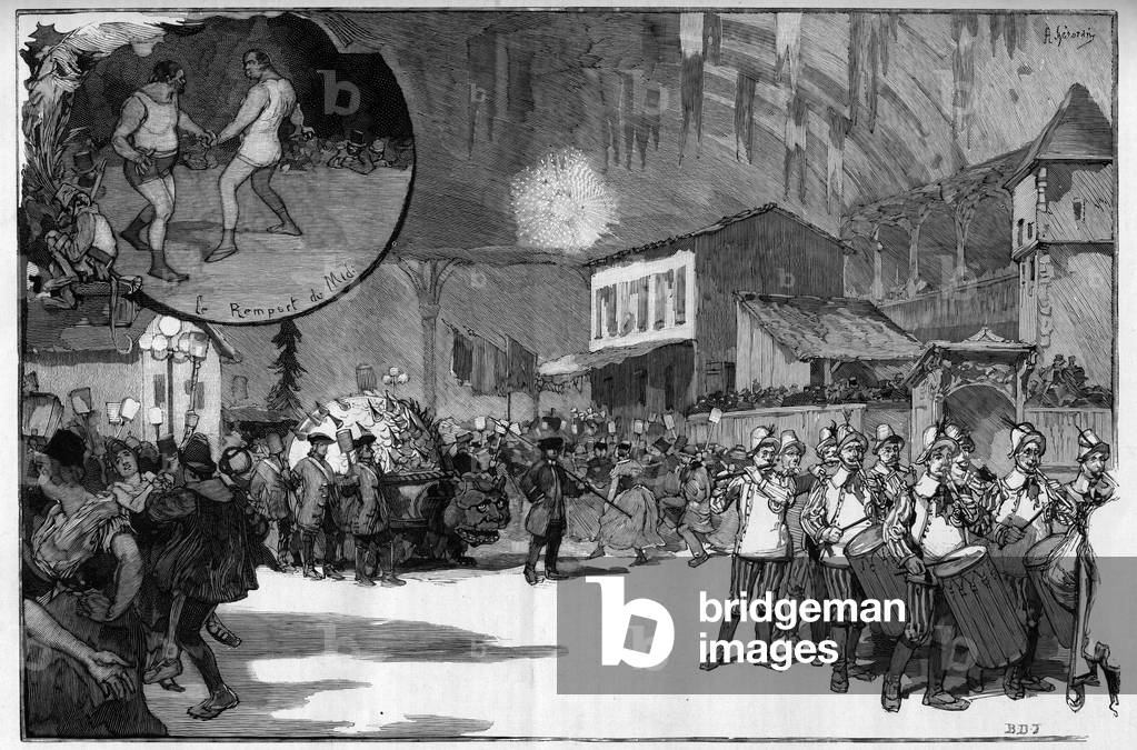 The sun feasts at the Palais de l'Industrie (Parisian fete for the lunches): the procession of the tarasque, the farandole and the wrestlers of Marseille. Engraving in “” Le monde illustrious””, 1887. Private collection.