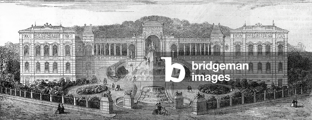 Geometral view of the Palais de Longchamp in Marseille, Bouches du Rhone (13), built in 1862 by Henri Jacques Esperandieu (1829-1874). Engraving in “” Le Monde Illustré”” n°681 of April 30, 1870.