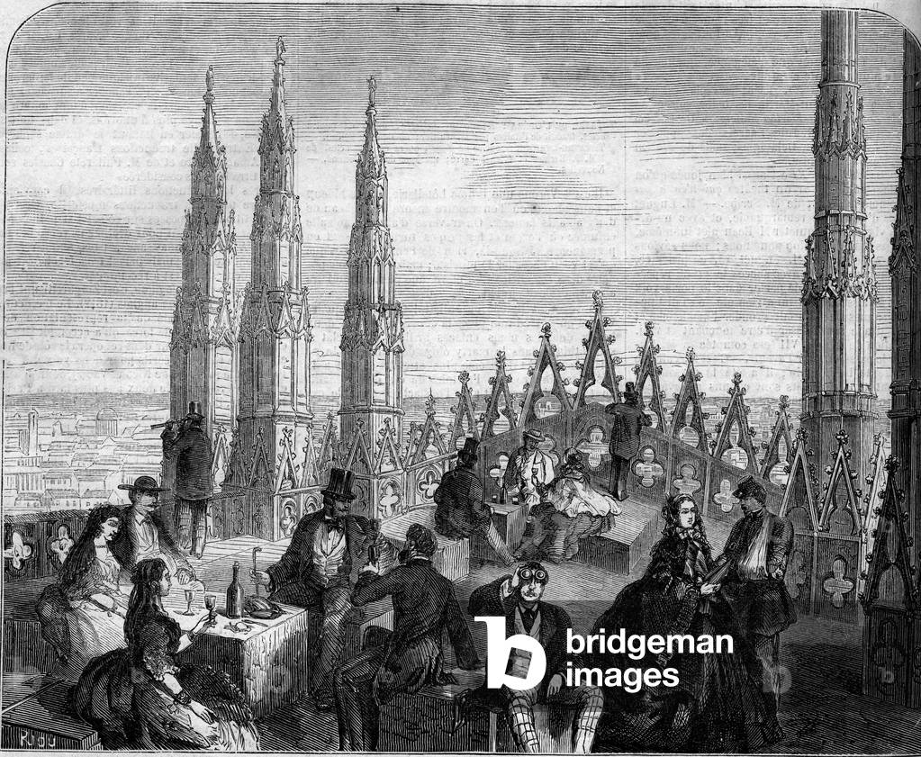Lunch on the terrace of the dome of the Cathedral of Milan (Il Duomo). Italy, 1859. Engraving in “” Le Monde Illustré”” n°127 of 17 September 1859.