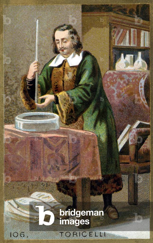 Portrait of Evangelista Torricelli or Toricelli (1608 - 1647), Italian physicist with his invention the Barometer (mercury tube). Chromolithography of the 19th century.