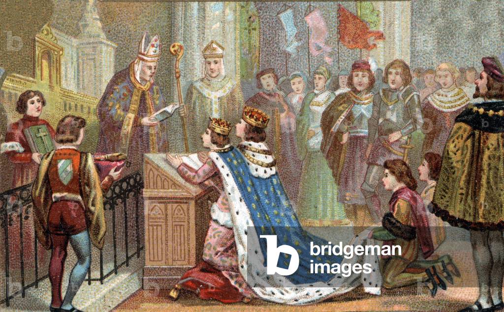 Relation of Brittany to France: Louis XII (1462-1515) married Anne de Bretagne (1477-1514). Their marriage reunited Brittany with France (1499). Chromolitography of the late 19th century.