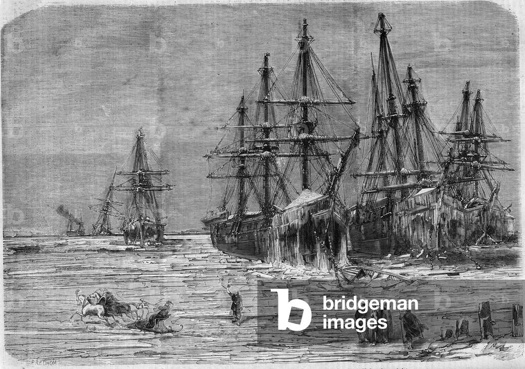 Russian ships caught in ice, at the mouth of the Dnieper River in the Black Sea, 1861. Engraving in “” Le Monde Illustré”” n°197 of 19 January 1861.