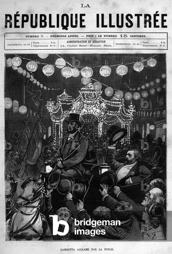Leon Gambetta (1838-1882) greets the statue on the Place de la Republique in Paris. A newspaper. Engraving from 1880 in “La republique illustree”” private collection.