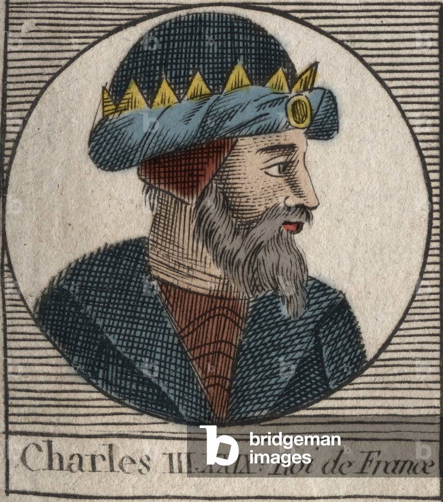 Portrait of Charles III says the Simple (879-929) king of the Francs - CHARLES III (879-929) - Charles the Simple - King of France, 893-923 - engraving from “Instruction sur l'Histoire de France” by Charles Constant Le Tellier 1821