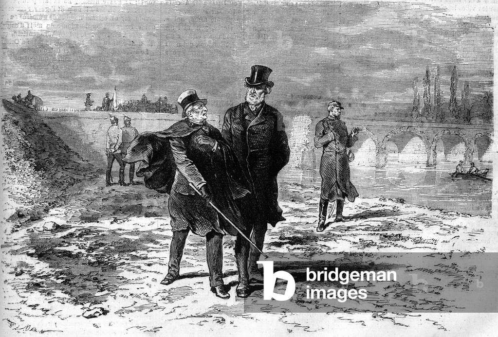 War of 1870: Interview between Adolphe Thiers (1797-1877) and Jules Favre (1809-1880) who decided on the breakdown of negotiations concerning the armistice with Germany. Engraving in “” Le Monde Illustré”” n°709 of 12 November 1870.