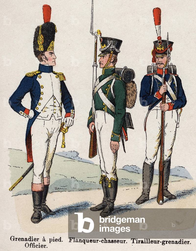 Imperial Guard Napoleon I: walking grenadier, hunting flanker and grenadier. Plate from the book Les Uniformes de l'Armée francaise by Lienhart and Humbert, 1902.