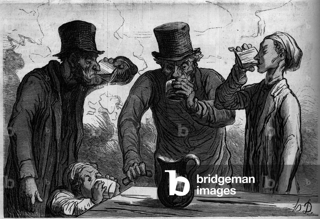 Physiology of the drinker: the four ages. Cartoon by Honore Daumier (1808-1879). Engraving in “” Le Monde Illustré”” n°289 of October 25, 1862.