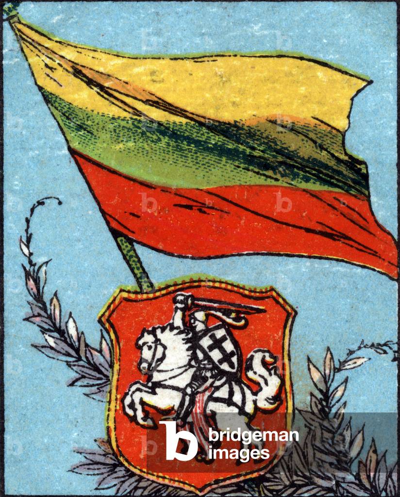 Flag and coat of arms of Lithuania with a knight. 1936 (chromo)