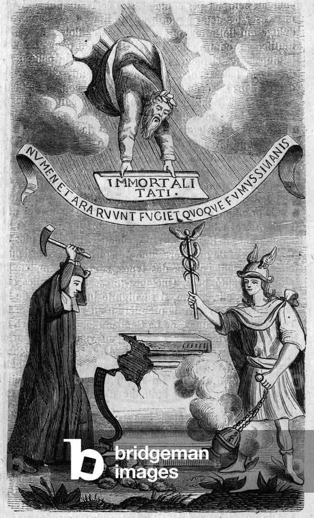 L'apotheose du Dictionnaire - “” Factums'” against the French Academy by Antoine Furetiere (1619-1688) - Engraving from 1860