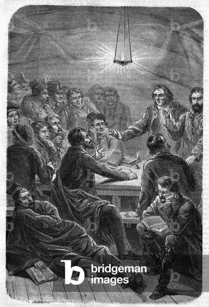 Sale (Reunion) of Carbonari. (Charbonnerie or Carboneria, early 19th century).Engraving of 1864.