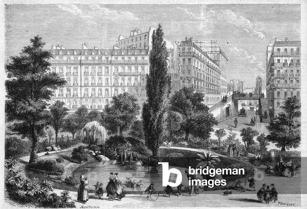 View of Square Montholon and the bridge of Rue Bellefond in Paris in the 9th arrondissement. Engraving in “The Universe illustrious”, 1868.