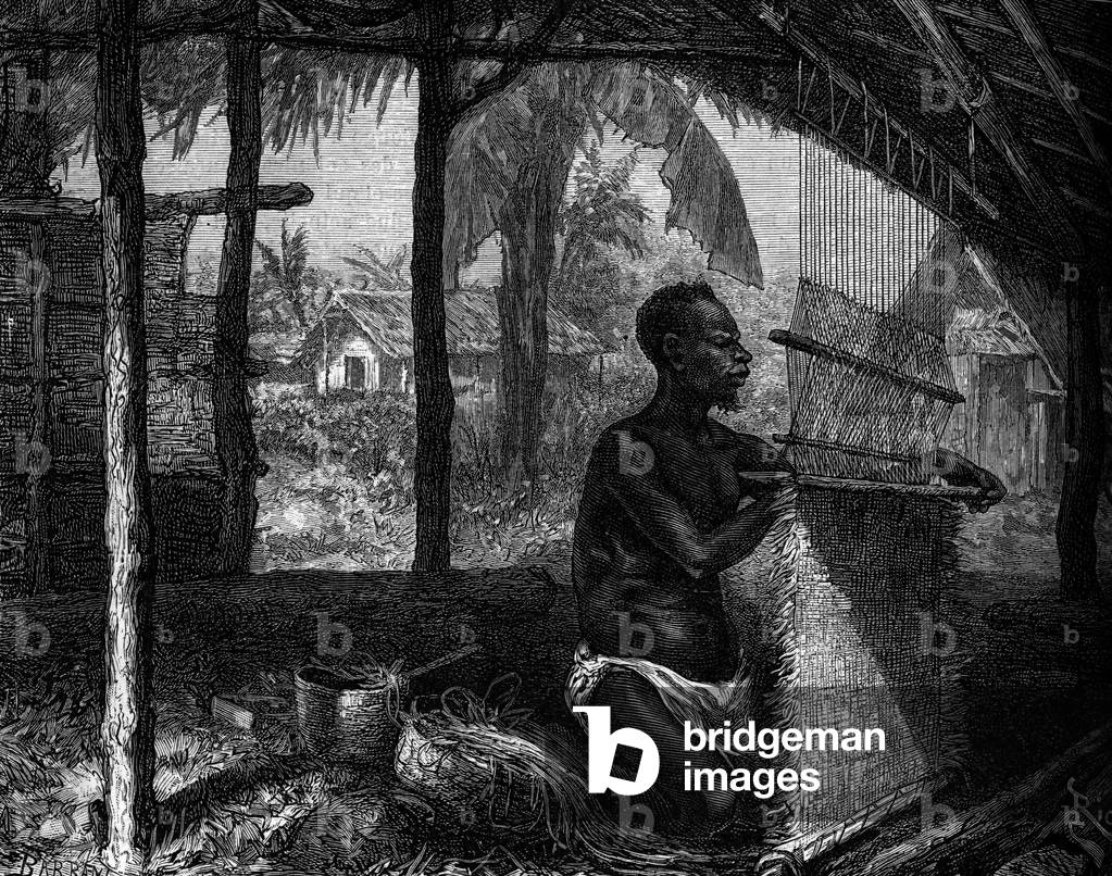 Human Zoo: weaver softened Gabon at the World Exhibition of 1889. Engraving in “” Le Journal de la jeunesse””, 1889.