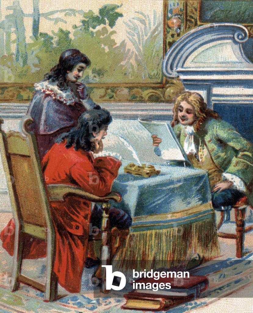 Interview of Gottfried Wilhelm Leibniz (1646-1716), German philosopher with Jacques-Benigne (Jacques Benigne) Bossuet (1627-1704), French theologian and writer. chromolithography.