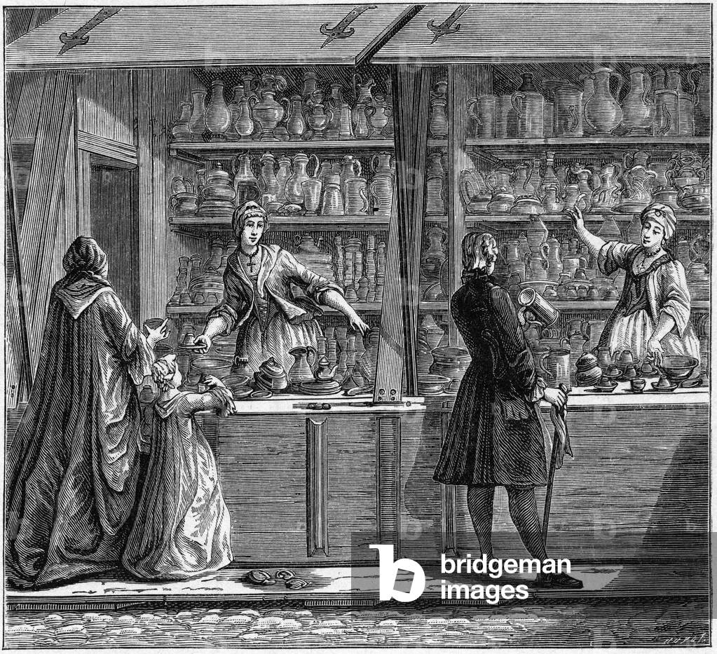Shop of a tin potter in the 18th century. Engraving In “La Marine et les colonies: commerce”, 1888.