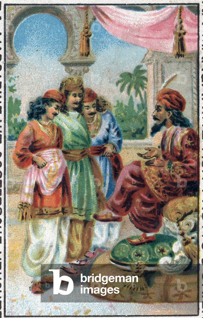 The Sultan and his sons. History of Prince Ahmed and the fee Paris-Banou (Pari Banou) (Paribanu). Tale of 1001 nights (tales of the thousand and one nights). Chromolithography of the late 19th century.