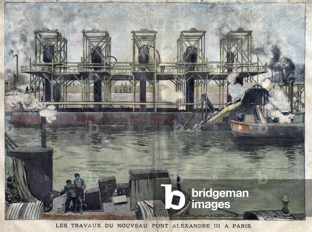 Works in Paris of the Pont Alexandre III. Engraving of April 1898 in “La petite Gironde”””.