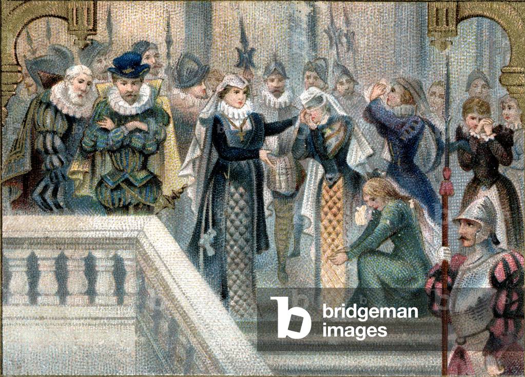 Queen of Scotland Marie Stuart (1542-1587) said her final farewell to the ladies of court. Late chromolithography of the 19th century.
